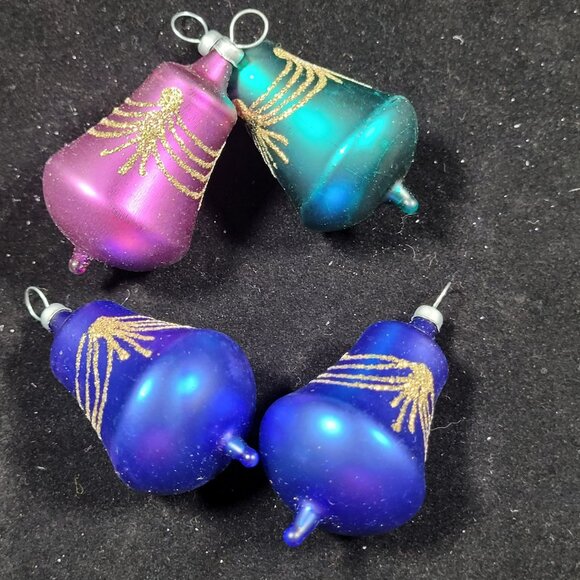 4 Glass Bell Christmas Tree Ornaments Glitter‎ Blue Pink Teal MCM Retro Vtg - Picture 2 of 5